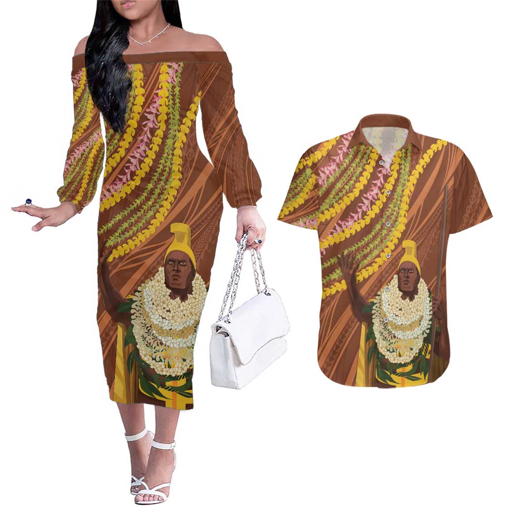 Hawaii King Kamehameha Couples Matching Off The Shoulder Long Sleeve Dress and Hawaiian Shirt Hawaiian Kakau Pattern With Leis LT05 Brown - Polynesian Pride
