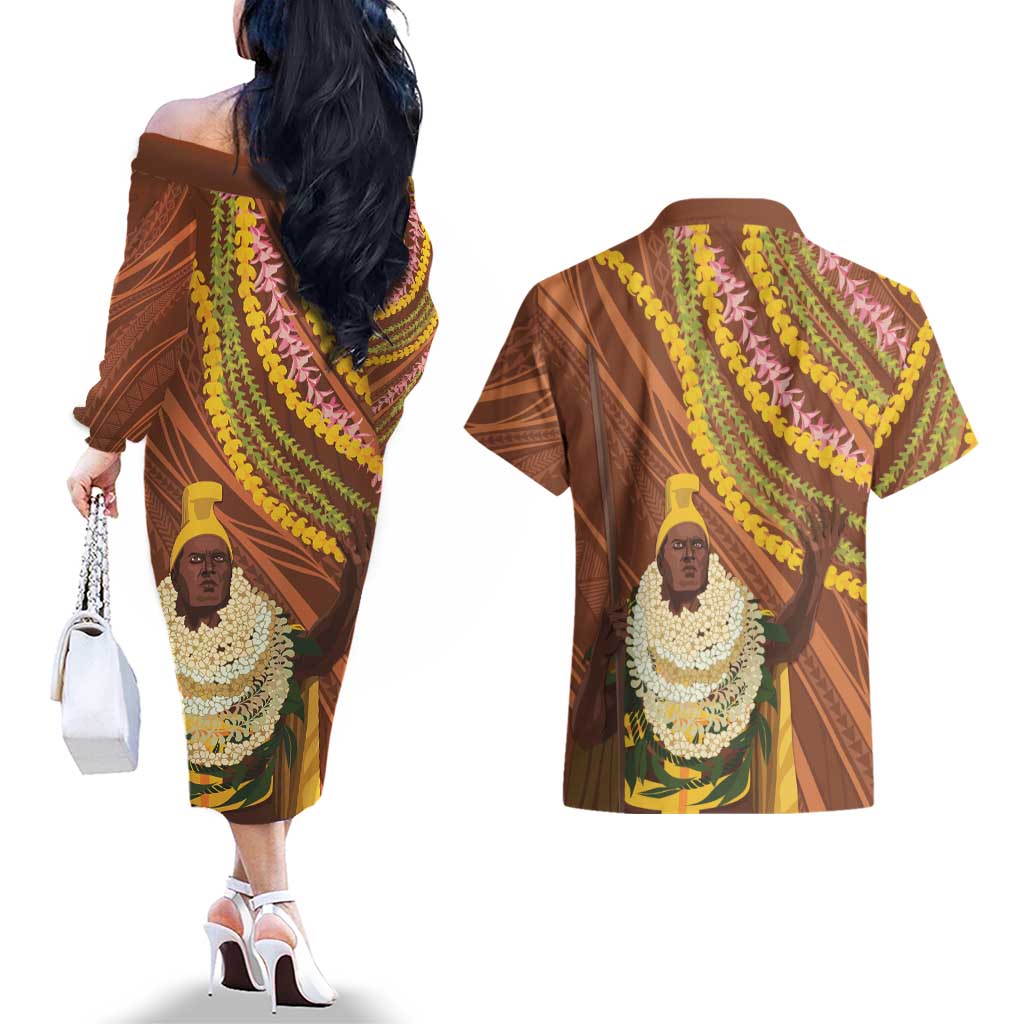 Hawaii King Kamehameha Couples Matching Off The Shoulder Long Sleeve Dress and Hawaiian Shirt Hawaiian Kakau Pattern With Leis LT05 - Polynesian Pride