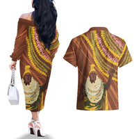 Hawaii King Kamehameha Couples Matching Off The Shoulder Long Sleeve Dress and Hawaiian Shirt Hawaiian Kakau Pattern With Leis LT05 - Polynesian Pride