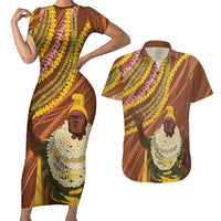 Hawaii King Kamehameha Couples Matching Short Sleeve Bodycon Dress and Hawaiian Shirt Hawaiian Kakau Pattern With Leis LT05 Brown - Polynesian Pride