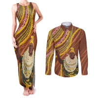 Hawaii King Kamehameha Couples Matching Tank Maxi Dress and Long Sleeve Button Shirt Hawaiian Kakau Pattern With Leis LT05 Brown - Polynesian Pride