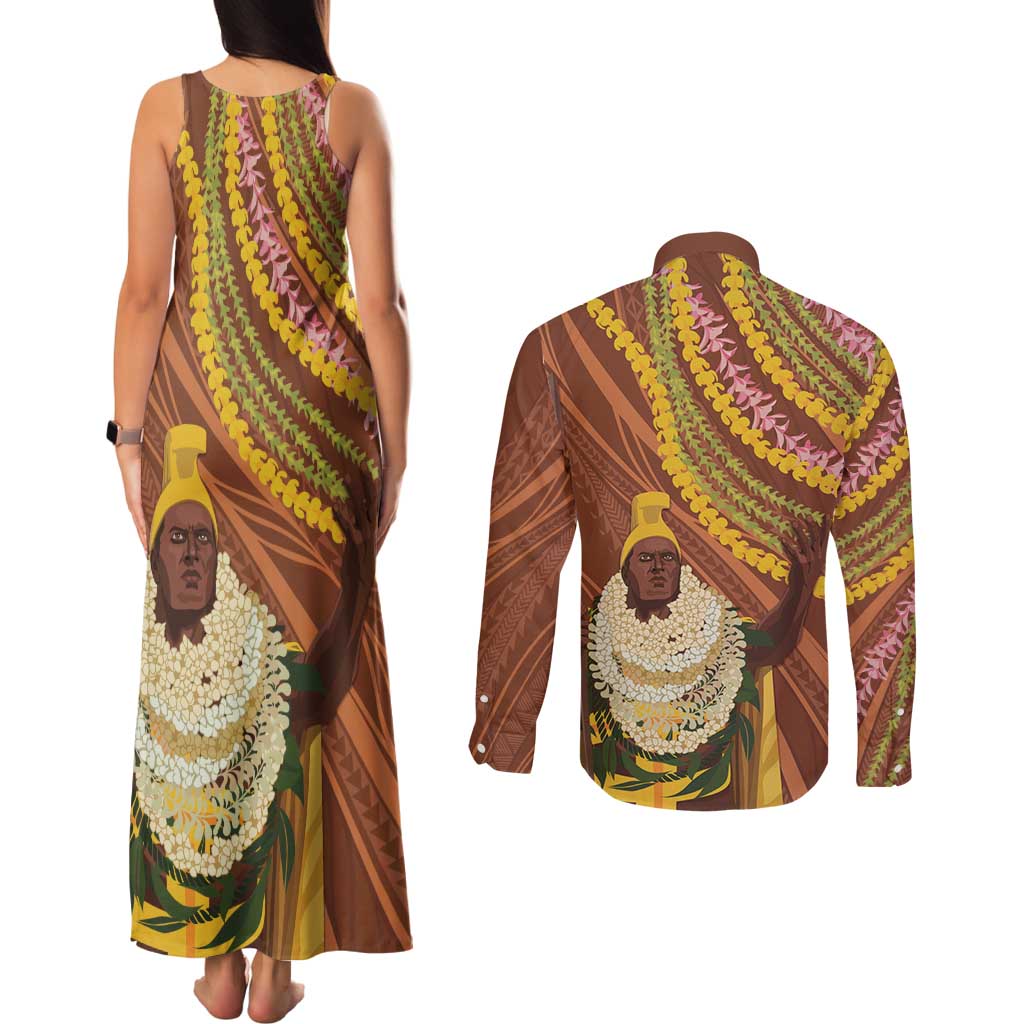 Hawaii King Kamehameha Couples Matching Tank Maxi Dress and Long Sleeve Button Shirt Hawaiian Kakau Pattern With Leis LT05 - Polynesian Pride