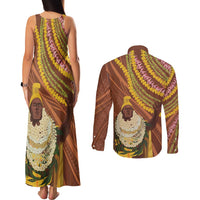 Hawaii King Kamehameha Couples Matching Tank Maxi Dress and Long Sleeve Button Shirt Hawaiian Kakau Pattern With Leis LT05 - Polynesian Pride