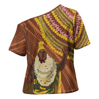 Hawaii King Kamehameha Cross Shoulder Shirt Hawaiian Kakau Pattern With Leis