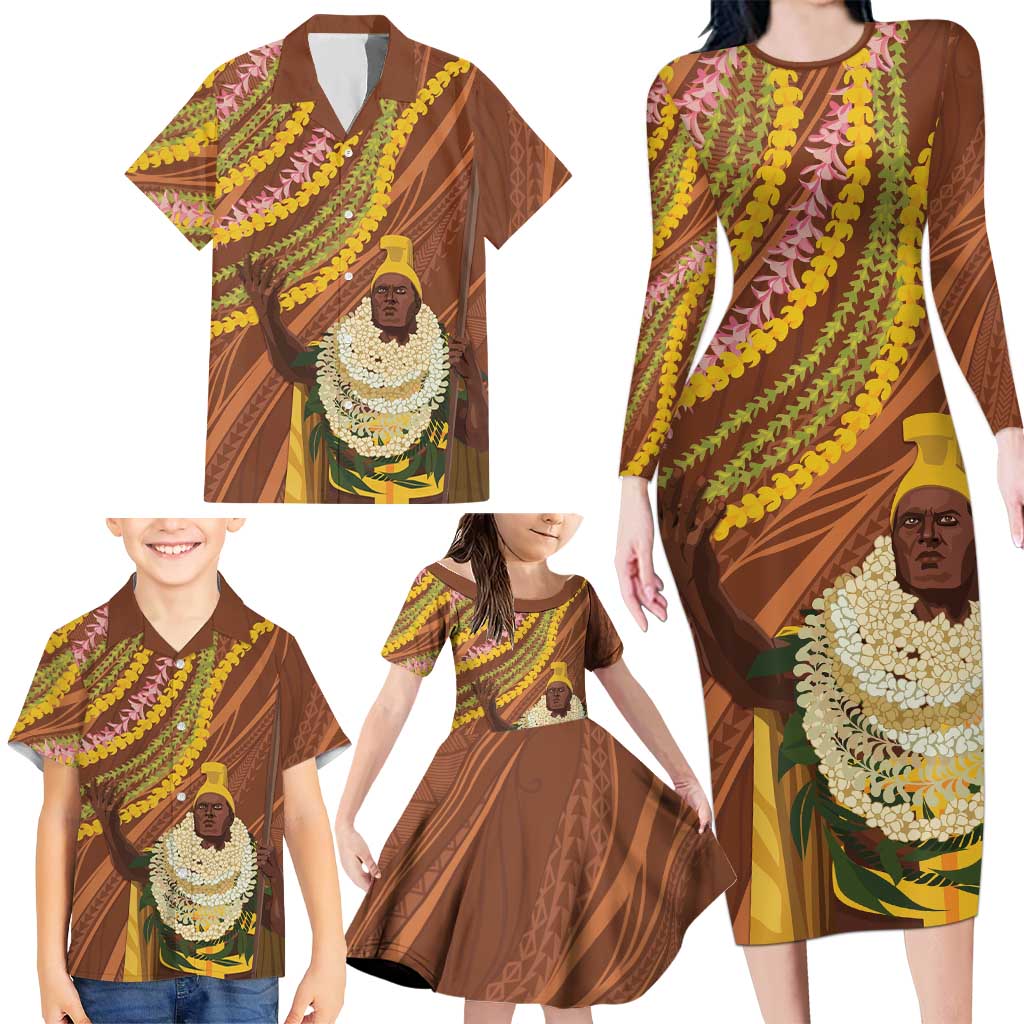 Hawaii King Kamehameha Family Matching Long Sleeve Bodycon Dress and Hawaiian Shirt Hawaiian Kakau Pattern With Leis