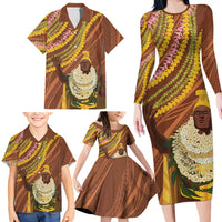 Hawaii King Kamehameha Family Matching Long Sleeve Bodycon Dress and Hawaiian Shirt Hawaiian Kakau Pattern With Leis