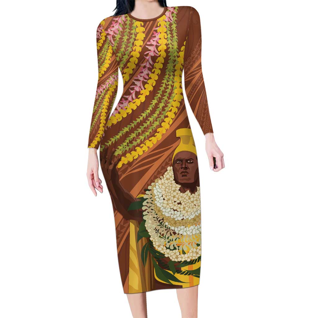 Hawaii King Kamehameha Family Matching Long Sleeve Bodycon Dress and Hawaiian Shirt Hawaiian Kakau Pattern With Leis