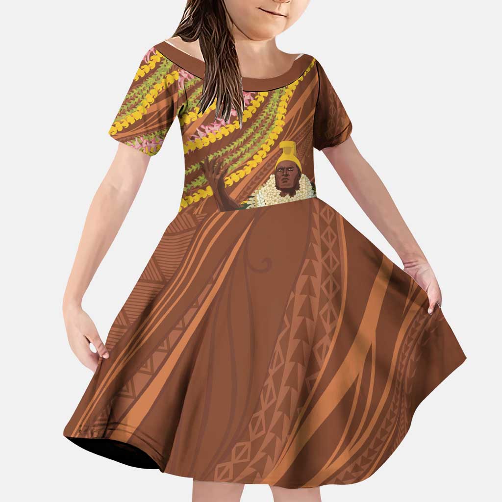 Hawaii King Kamehameha Family Matching Off The Shoulder Long Sleeve Dress and Hawaiian Shirt Hawaiian Kakau Pattern With Leis