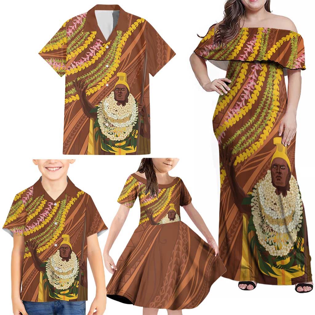 Hawaii King Kamehameha Family Matching Off Shoulder Maxi Dress and Hawaiian Shirt Hawaiian Kakau Pattern With Leis