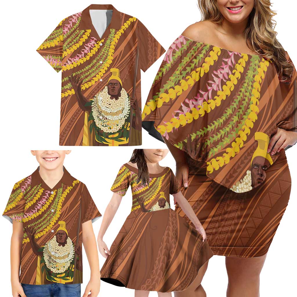 Hawaii King Kamehameha Family Matching Off Shoulder Short Dress and Hawaiian Shirt Hawaiian Kakau Pattern With Leis