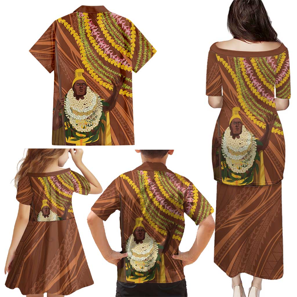 Hawaii King Kamehameha Family Matching Puletasi and Hawaiian Shirt Hawaiian Kakau Pattern With Leis LT05 - Polynesian Pride