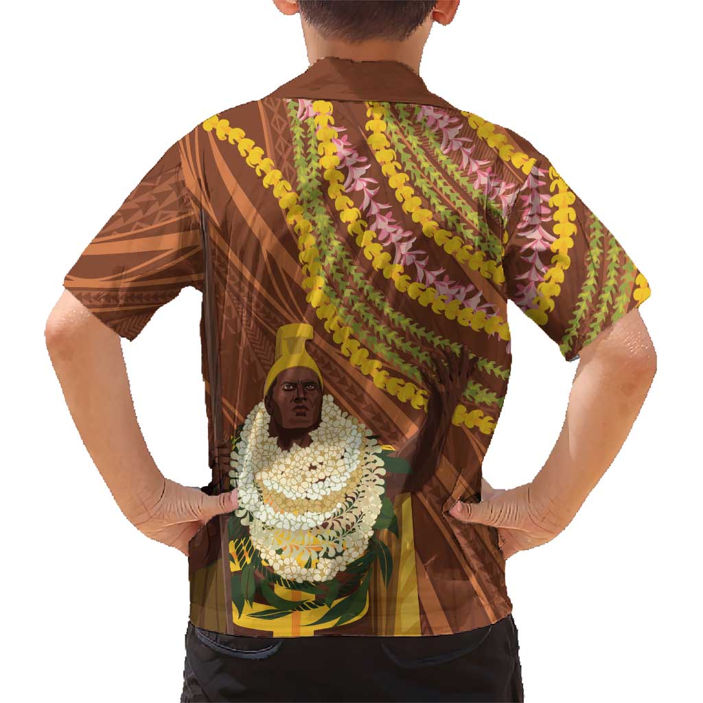 Hawaii King Kamehameha Family Matching Tank Maxi Dress and Hawaiian Shirt Hawaiian Kakau Pattern With Leis