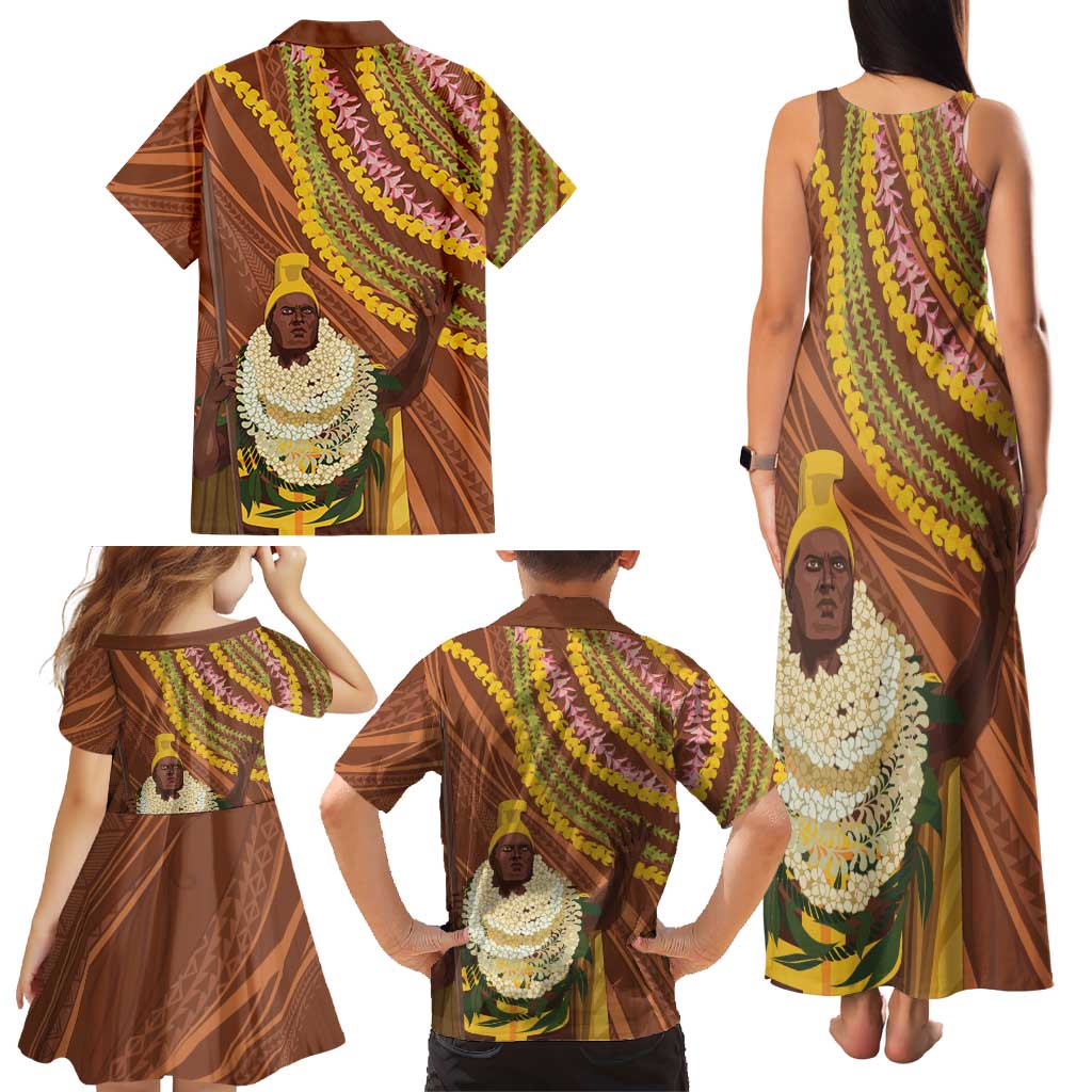 Hawaii King Kamehameha Family Matching Tank Maxi Dress and Hawaiian Shirt Hawaiian Kakau Pattern With Leis