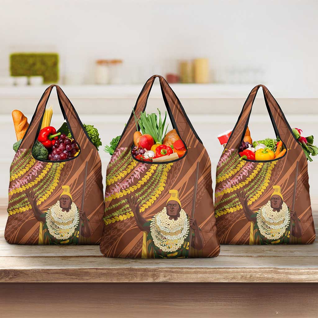 Hawaii King Kamehameha Grocery Bag Hawaiian Kakau Pattern With Leis