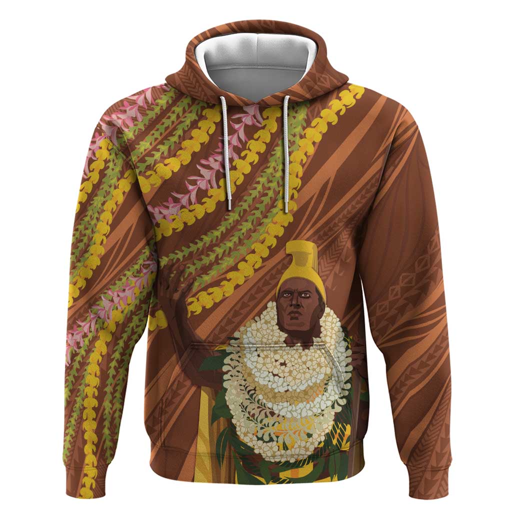 Hawaii King Kamehameha Hoodie Hawaiian Kakau Pattern With Leis LT05 Pullover Hoodie Brown - Polynesian Pride