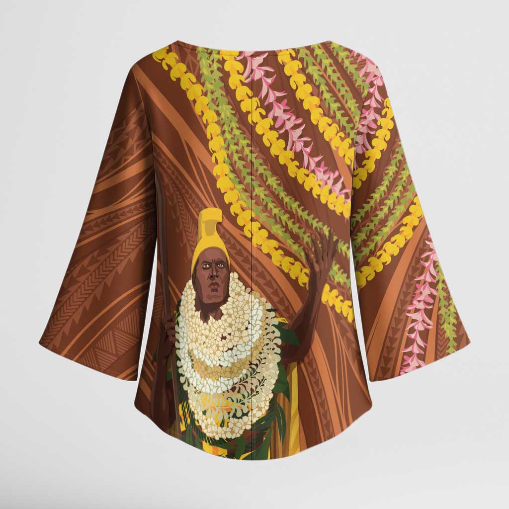 Hawaii King Kamehameha Kimono Sleeve Blouse Hawaiian Kakau Pattern With Leis