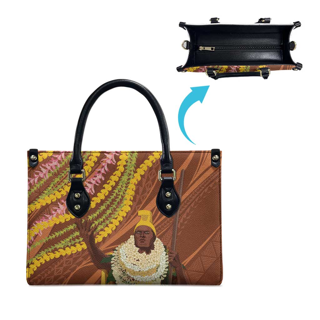 Hawaii King Kamehameha Leather Bag Hawaiian Kakau Pattern With Leis