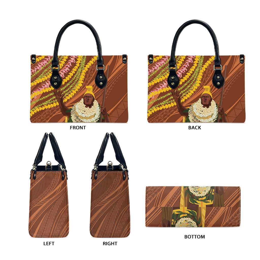 Hawaii King Kamehameha Leather Bag Hawaiian Kakau Pattern With Leis