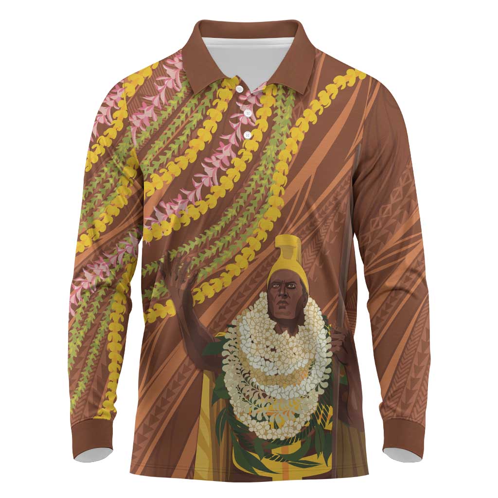 Hawaii King Kamehameha Long Sleeve Polo Shirt Hawaiian Kakau Pattern With Leis