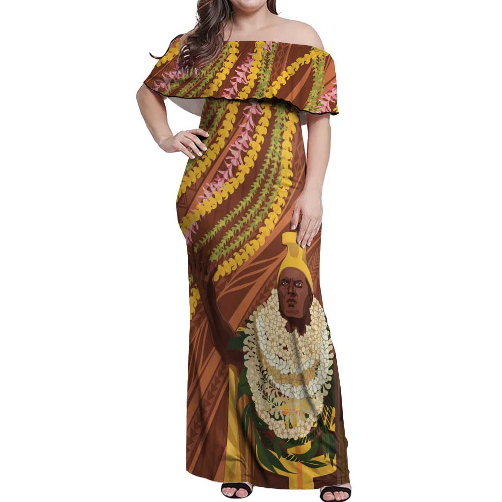 Hawaii King Kamehameha Off Shoulder Maxi Dress Hawaiian Kakau Pattern With Leis LT05 Women Brown - Polynesian Pride