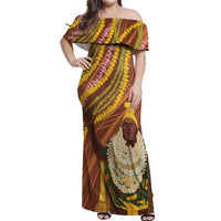 Hawaii King Kamehameha Off Shoulder Maxi Dress Hawaiian Kakau Pattern With Leis LT05 Women Brown - Polynesian Pride