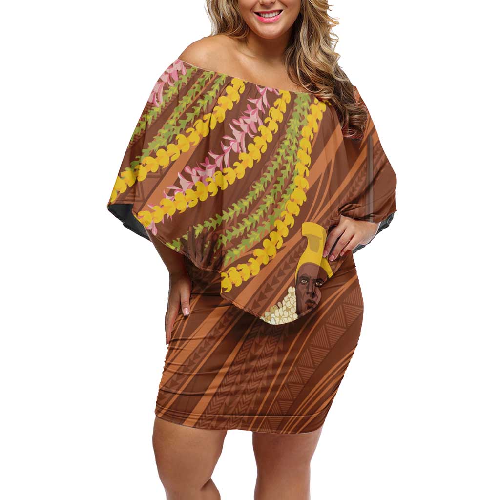 Hawaii King Kamehameha Off Shoulder Short Dress Hawaiian Kakau Pattern With Leis