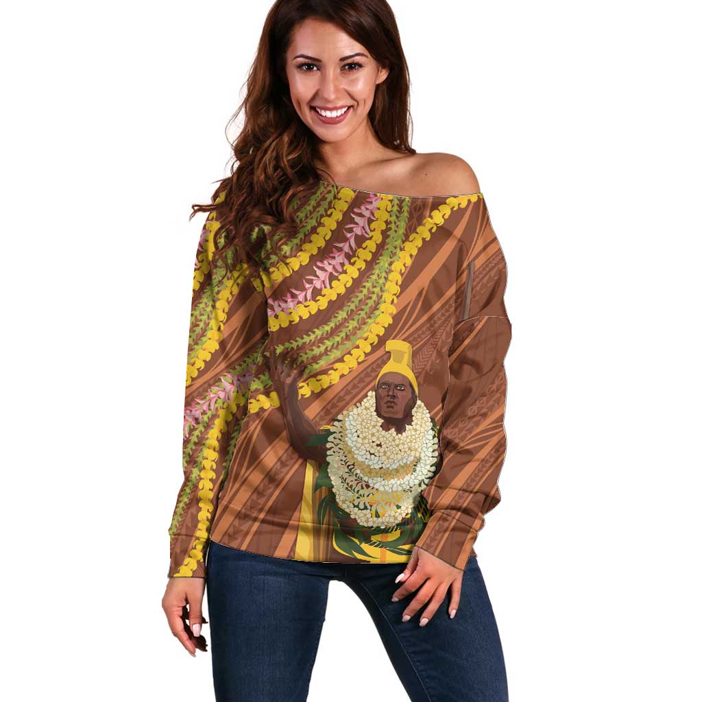 Hawaii King Kamehameha Off Shoulder Sweater Hawaiian Kakau Pattern With Leis