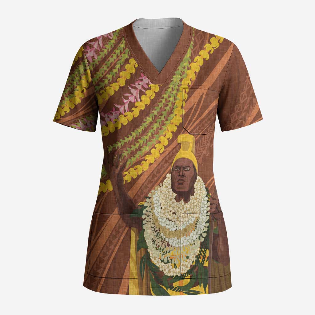 Hawaii King Kamehameha Scrub Top Hawaiian Kakau Pattern With Leis