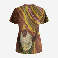 Hawaii King Kamehameha Scrub Top Hawaiian Kakau Pattern With Leis
