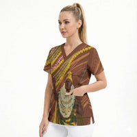Hawaii King Kamehameha Scrub Top Hawaiian Kakau Pattern With Leis