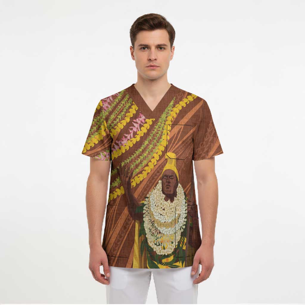 Hawaii King Kamehameha Scrub Top Hawaiian Kakau Pattern With Leis