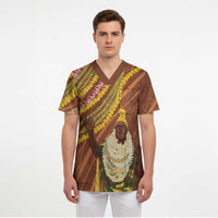 Hawaii King Kamehameha Scrub Top Hawaiian Kakau Pattern With Leis