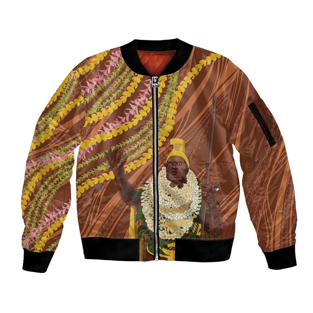 Hawaii King Kamehameha Sleeve Zip Bomber Jacket Hawaiian Kakau Pattern With Leis