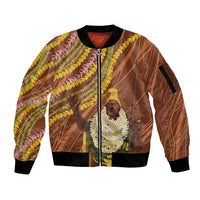 Hawaii King Kamehameha Sleeve Zip Bomber Jacket Hawaiian Kakau Pattern With Leis