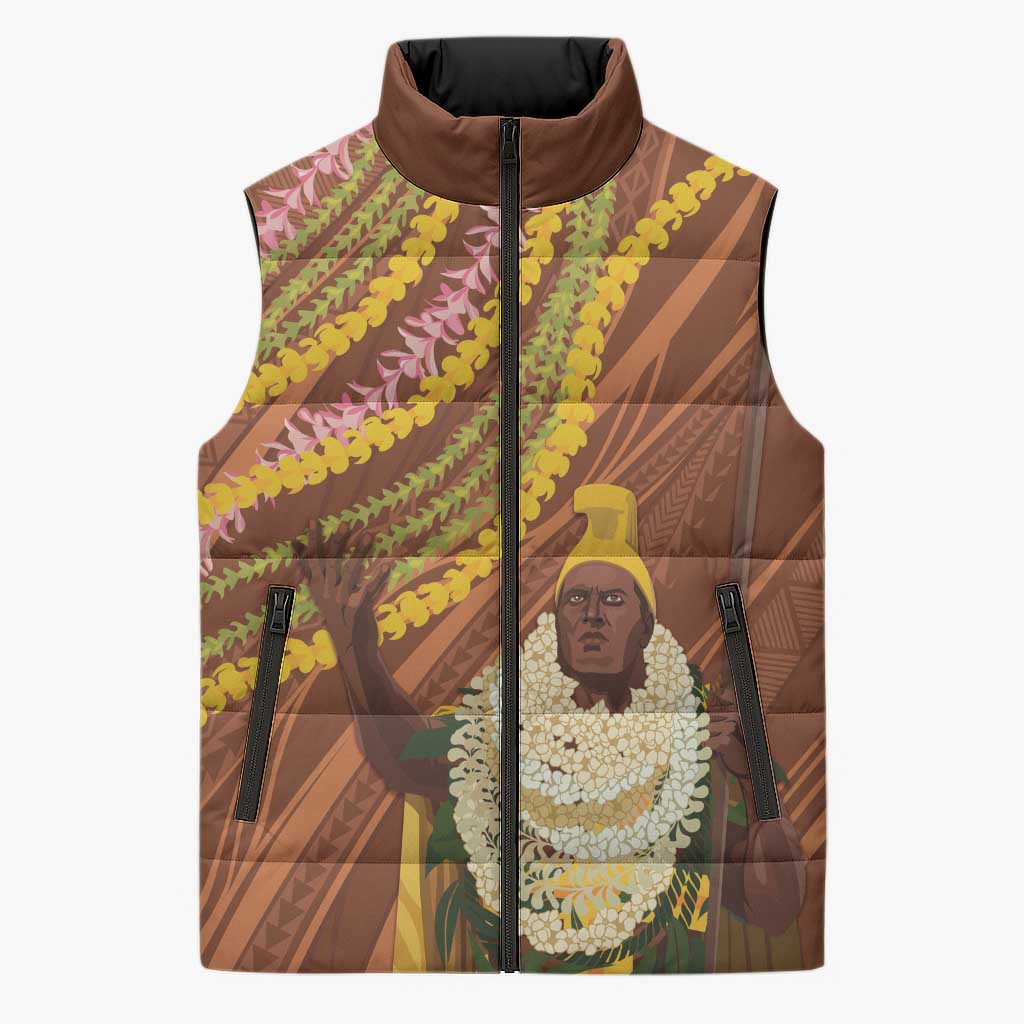 Hawaii King Kamehameha Sleeveless Puffer Jacket Hawaiian Kakau Pattern With Leis