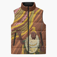 Hawaii King Kamehameha Sleeveless Puffer Jacket Hawaiian Kakau Pattern With Leis