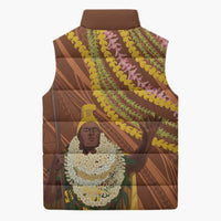 Hawaii King Kamehameha Sleeveless Puffer Jacket Hawaiian Kakau Pattern With Leis