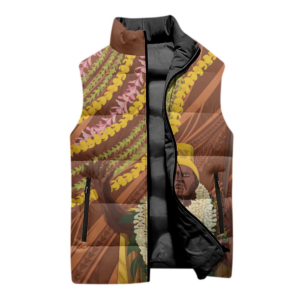 Hawaii King Kamehameha Sleeveless Puffer Jacket Hawaiian Kakau Pattern With Leis