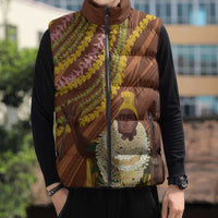 Hawaii King Kamehameha Sleeveless Puffer Jacket Hawaiian Kakau Pattern With Leis