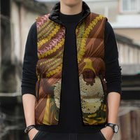 Hawaii King Kamehameha Sleeveless Puffer Jacket Hawaiian Kakau Pattern With Leis