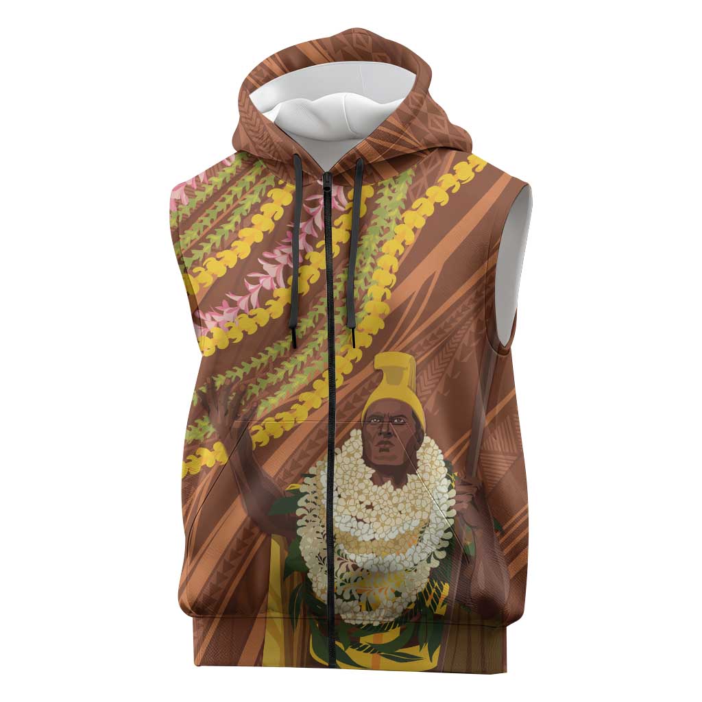 Hawaii King Kamehameha Sleeveless Zip Hoodie Hawaiian Kakau Pattern With Leis LT05 Brown - Polynesian Pride
