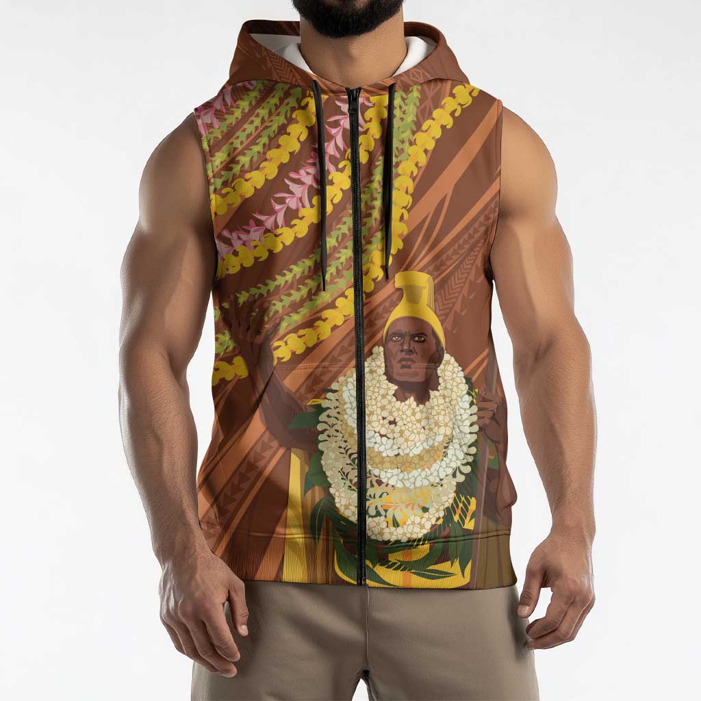 Hawaii King Kamehameha Sleeveless Zip Hoodie Hawaiian Kakau Pattern With Leis LT05 - Polynesian Pride