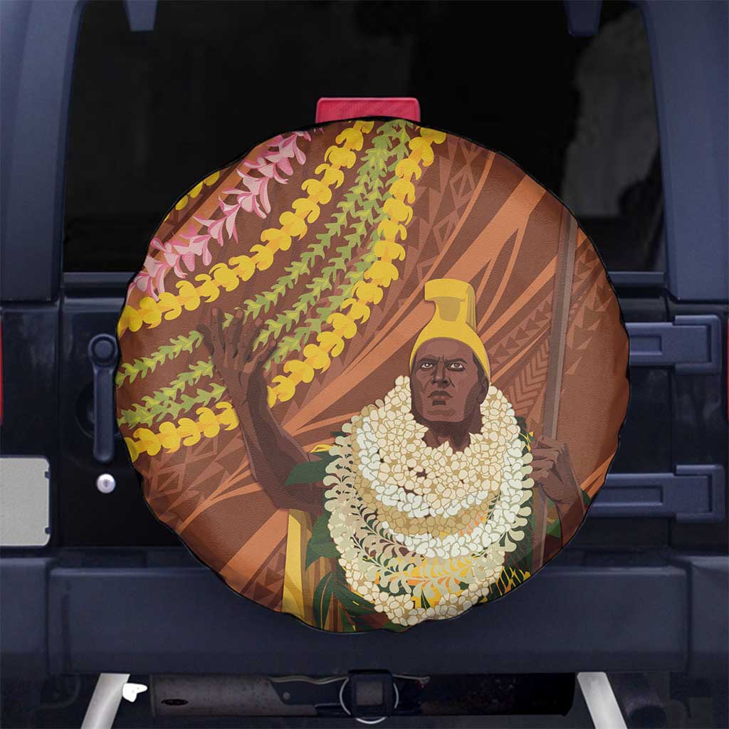 Hawaii King Kamehameha Spare Tire Cover Hawaiian Kakau Pattern With Leis LT05 No hole Brown - Polynesian Pride