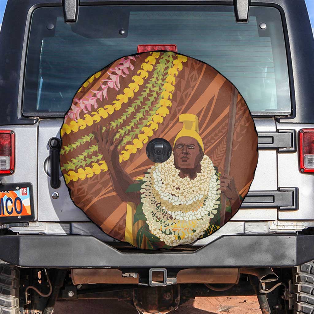 Hawaii King Kamehameha Spare Tire Cover Hawaiian Kakau Pattern With Leis LT05 Brown - Polynesian Pride