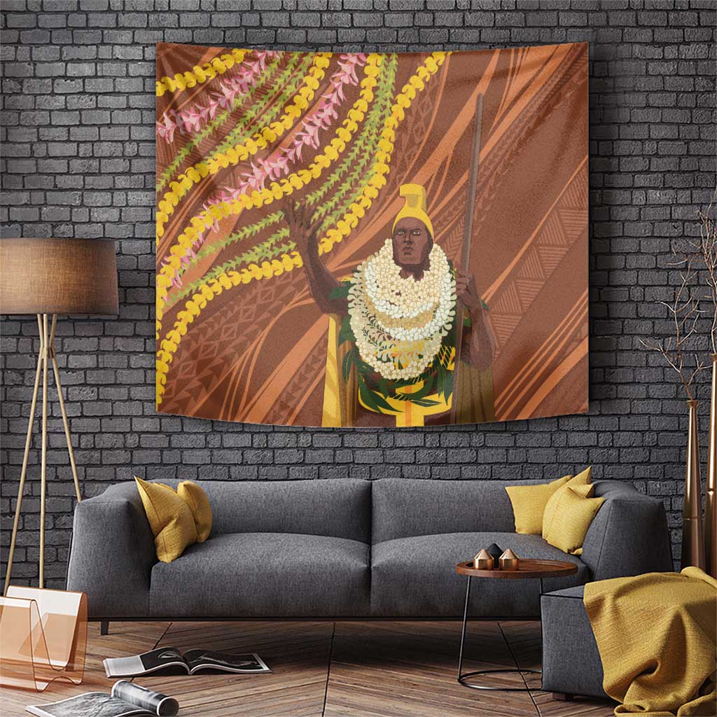 Hawaii King Kamehameha Tapestry Hawaiian Kakau Pattern With Leis
