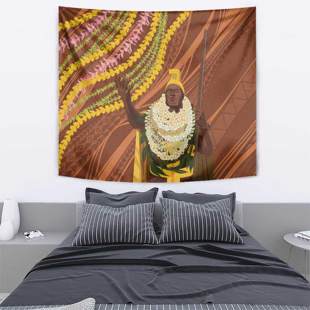 Hawaii King Kamehameha Tapestry Hawaiian Kakau Pattern With Leis