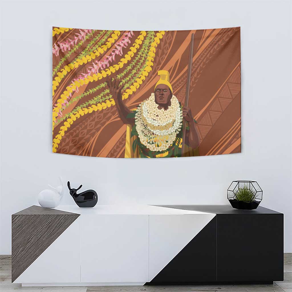 Hawaii King Kamehameha Tapestry Hawaiian Kakau Pattern With Leis