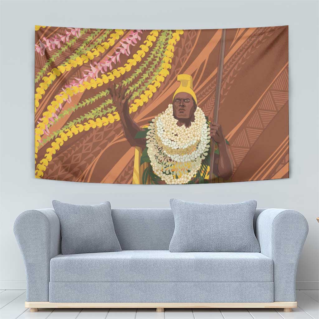 Hawaii King Kamehameha Tapestry Hawaiian Kakau Pattern With Leis