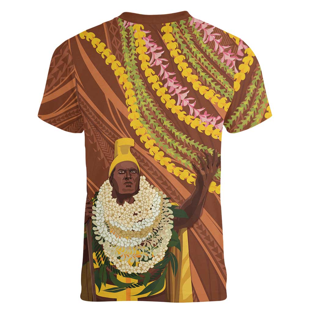 Hawaii King Kamehameha Women V-Neck T-Shirt Hawaiian Kakau Pattern With Leis