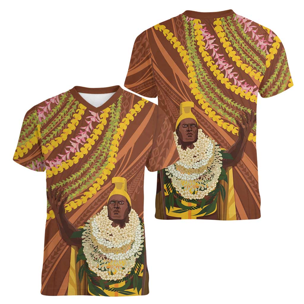 Hawaii King Kamehameha Women V-Neck T-Shirt Hawaiian Kakau Pattern With Leis